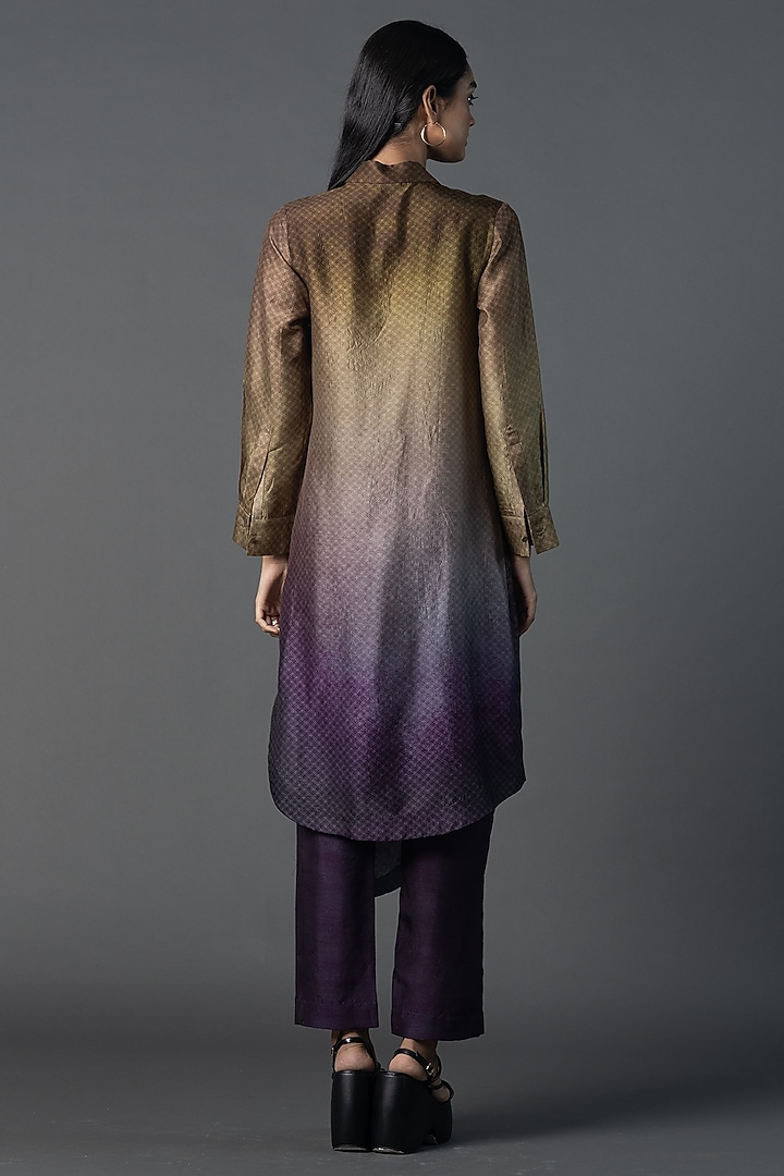 Green Dupion Silk Printed Asymmetric Tunic Set by CLOS at Pernia's Pop Up Shop
