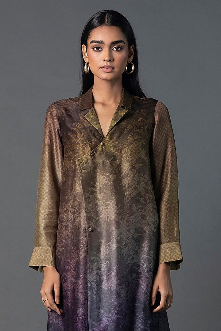 Green Dupion Silk Printed Asymmetric Tunic Set by CLOS at Pernia's Pop Up Shop