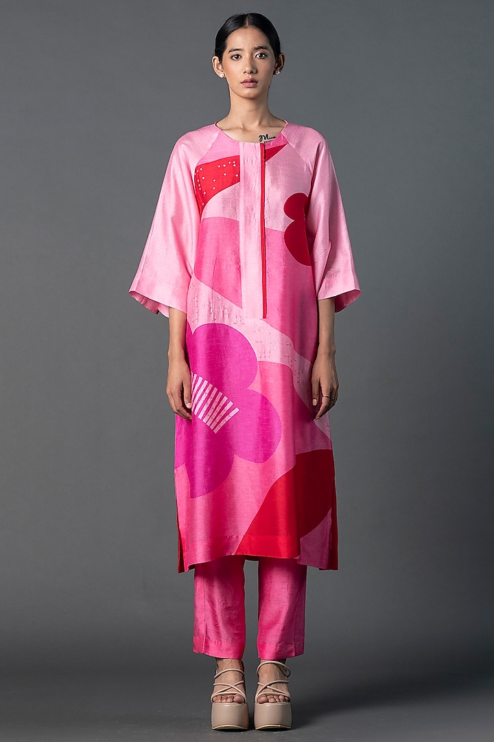 Pink Dupion Silk Floral Printed Tunic Set by CLOS at Pernia's Pop Up Shop