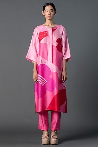 Pink Dupion Silk Floral Printed Tunic Set by CLOS