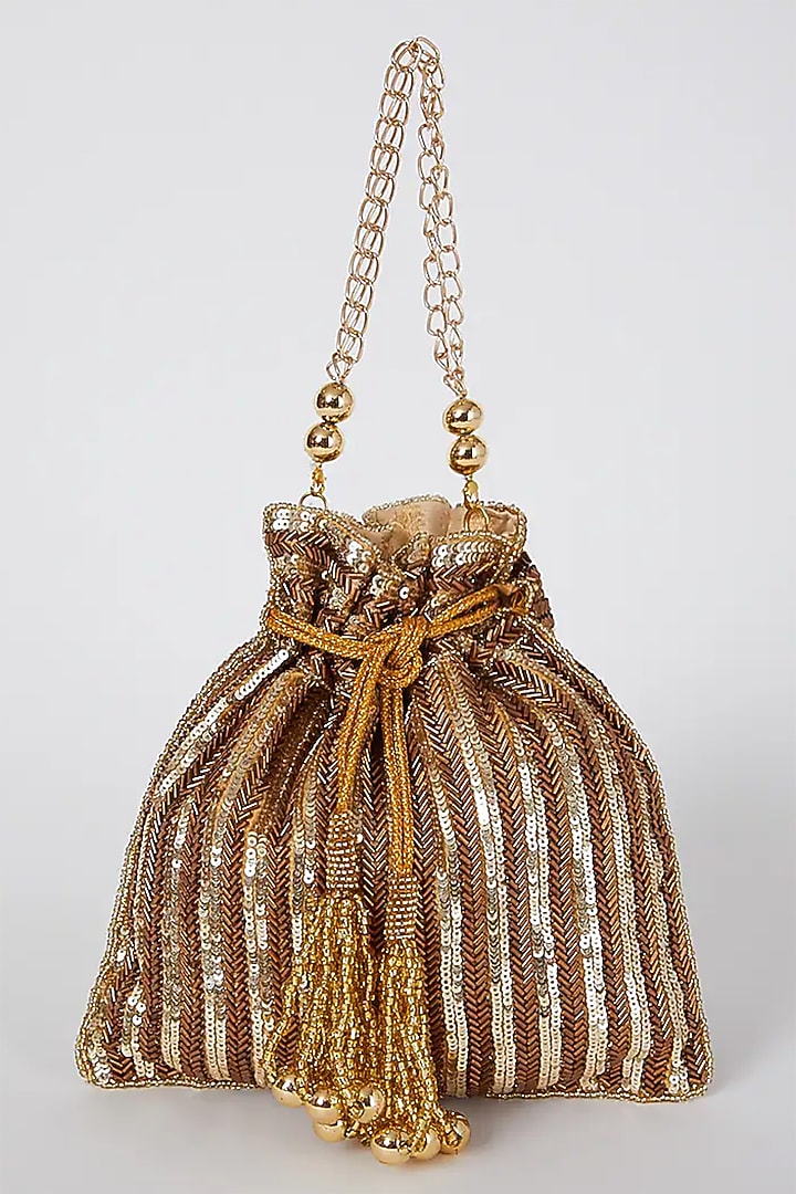 Antique Gold Silk Hand Embroidered Potli by A Clutch Story at Pernia's Pop Up Shop