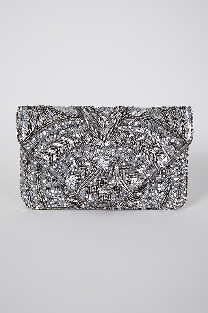 Silver Hand Embroidered Flapover Clutch by A Clutch Story