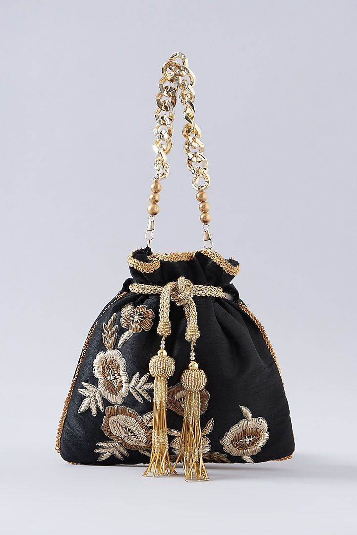 Black Silk Embroidered Potli Bag by A Clutch Story