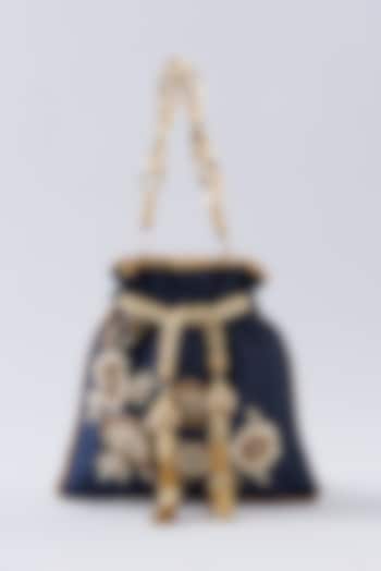 Navy Blue Silk Embroidered Potli Bag by A Clutch Story at Pernia's Pop Up Shop