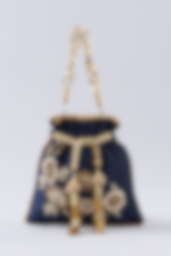 Navy Blue Silk Embroidered Potli Bag by A Clutch Story