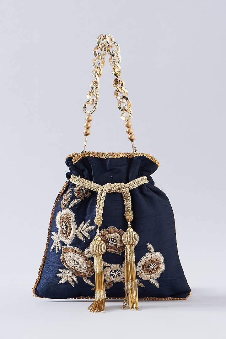 Navy Blue Silk Embroidered Potli Bag by A Clutch Story