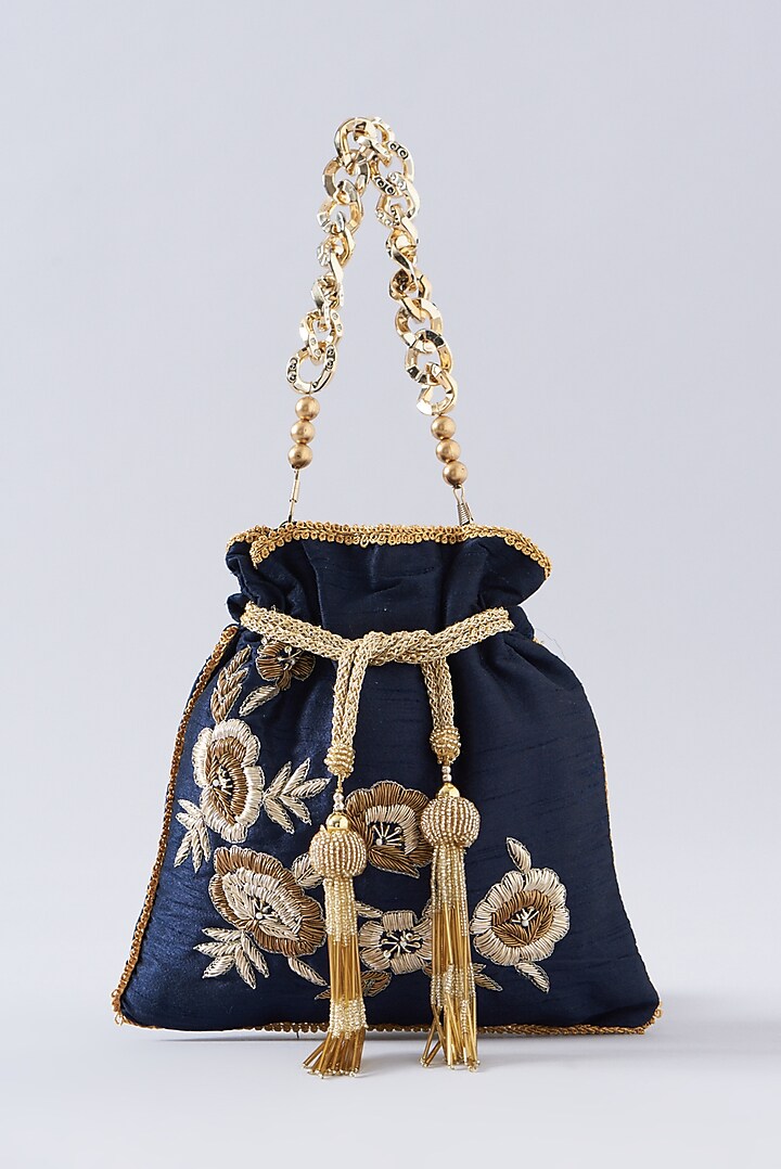 Navy Blue Silk Embroidered Potli Bag by A Clutch Story at Pernia's Pop Up Shop