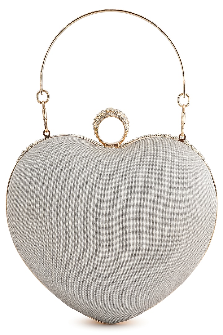 Silver Raw Silk Rhinestone Heart Shaped Clutch by A Clutch Story at Pernia's Pop Up Shop