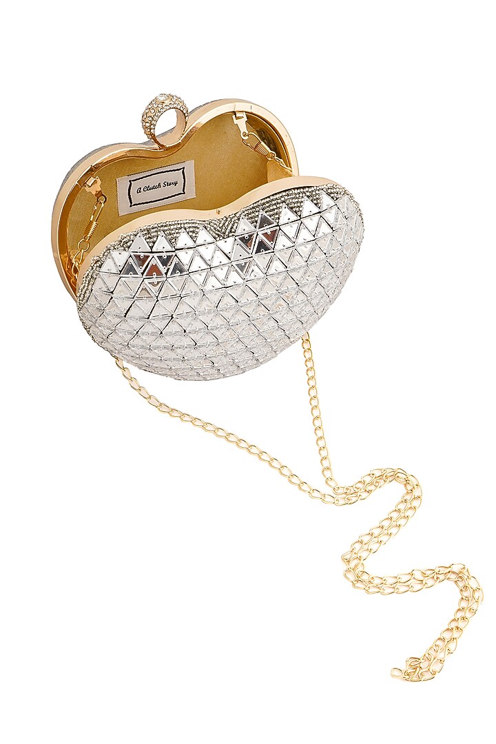 Silver Raw Silk Rhinestone Heart Shaped Clutch by A Clutch Story at Pernia's Pop Up Shop