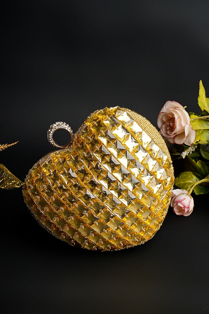 Gold Raw Silk Rhinestone Heart Shaped Clutch by A Clutch Story