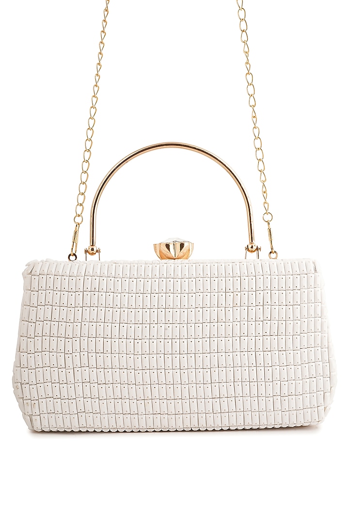 White Raw Silk Rhinestone Box Clutch by A Clutch Story at Pernia's Pop Up Shop
