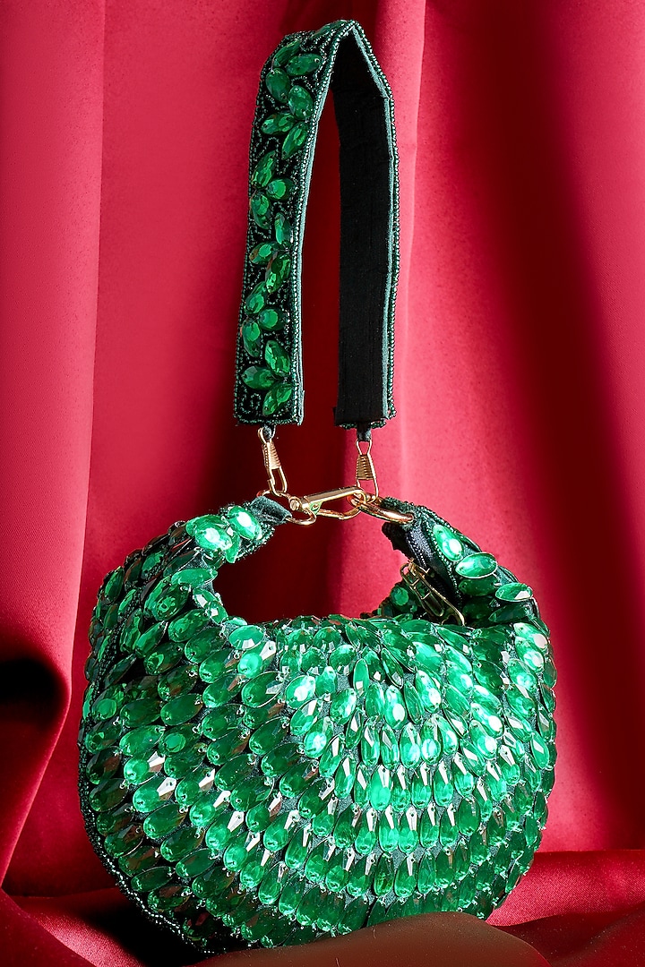 Green Raw Silk Hand Embroidered Purse Bag by A Clutch Story