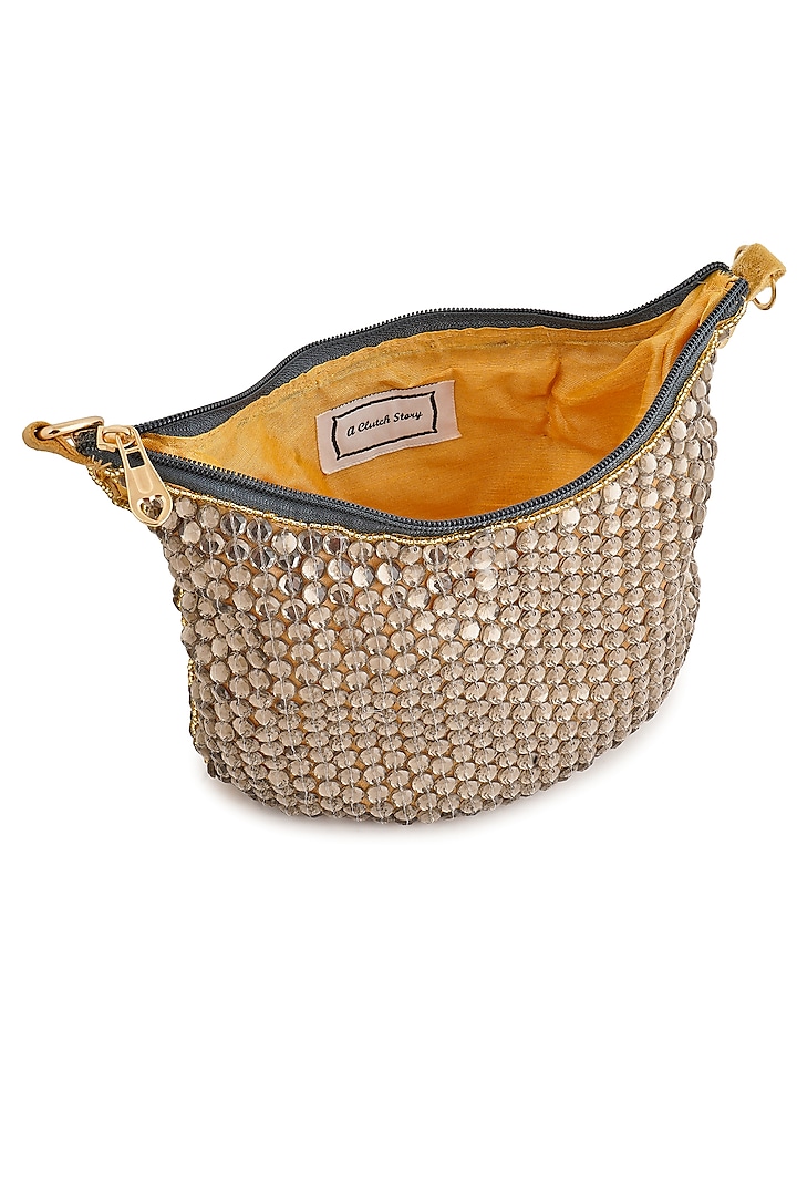 Gold Raw Silk Rhinestone Embroidered Purse Bag by A Clutch Story at Pernia's Pop Up Shop