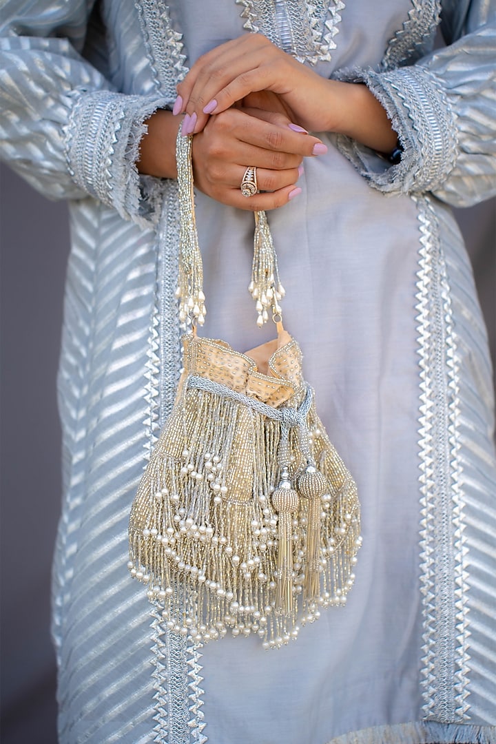Silver Silk Embroidered Potli by A Clutch Story at Pernia's Pop Up Shop