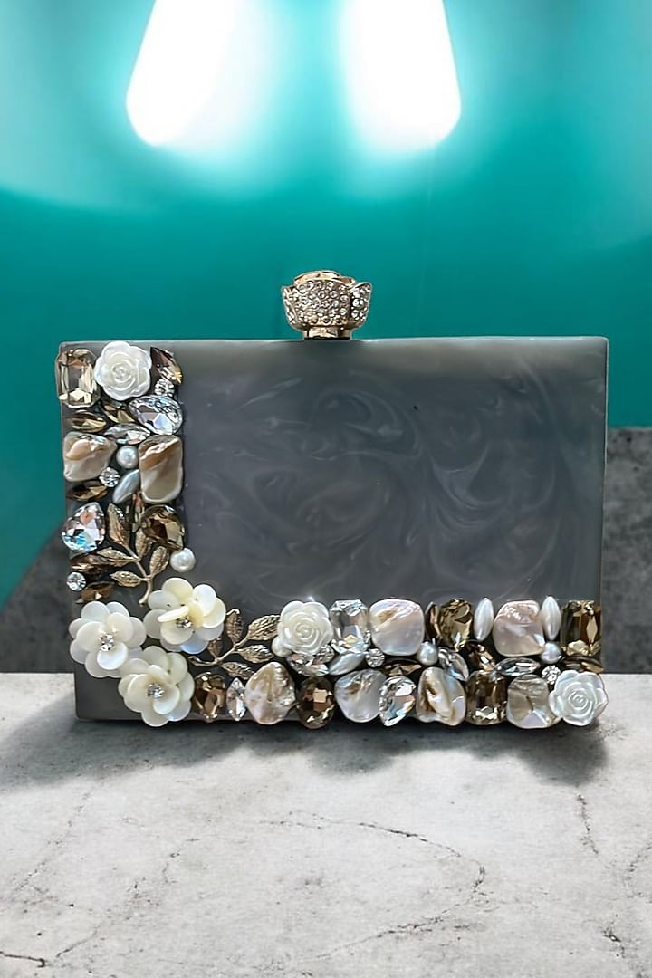 Grey Resin Rhinestones Embellished Clutch by A Clutch Story at Pernia's Pop Up Shop
