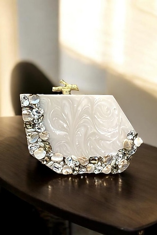 Ivory Resin Rhinestones Embellished Clutch by A Clutch Story