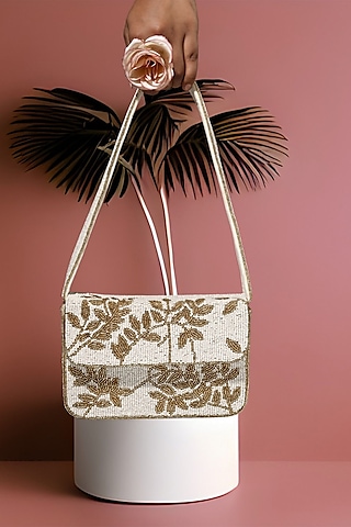 Ivory & Gold Velvet Bead Embroidered Handcrafted Shoulder Bag by A Clutch Story