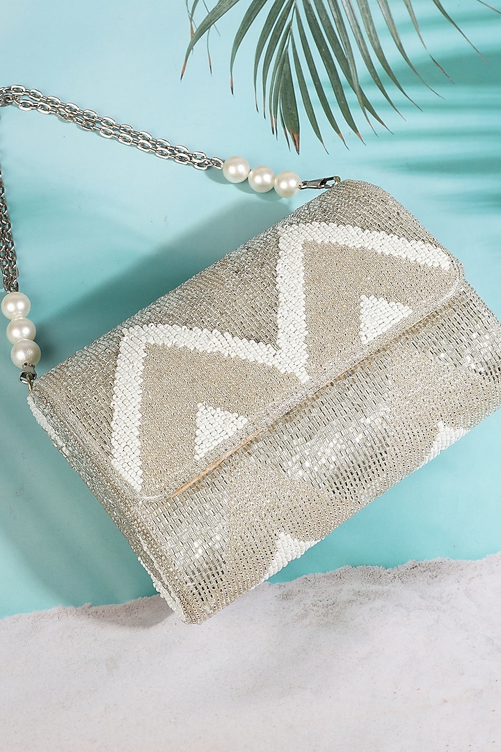 Silver Silk Hand Embroidered Clutch by A Clutch Story at Pernia's Pop Up Shop