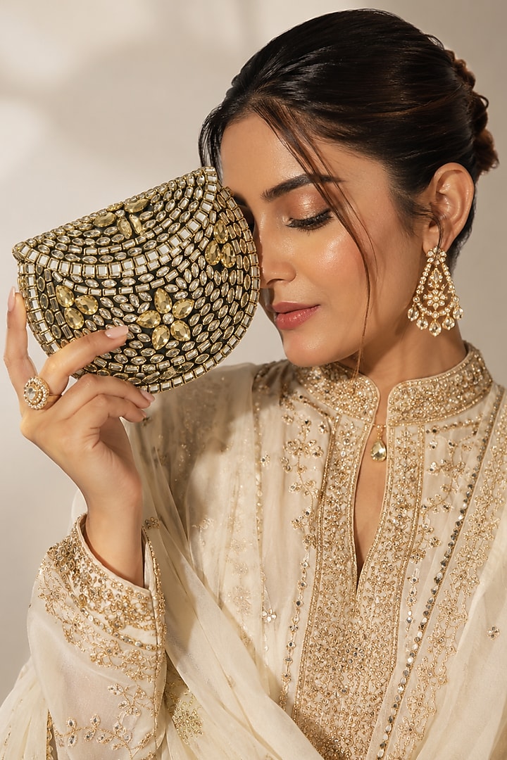 Gold Metal Rhinestone Embellished Clutch by A Clutch Story at Pernia's Pop Up Shop