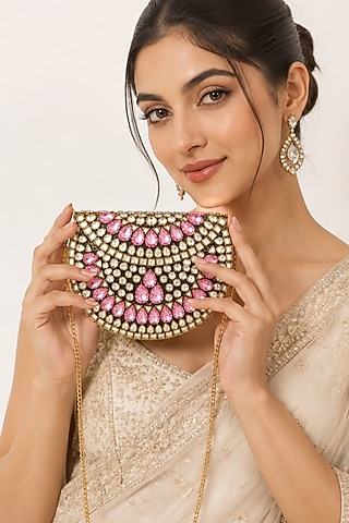 Pink Metal Rhinestone Embellished Clutch by A Clutch Story