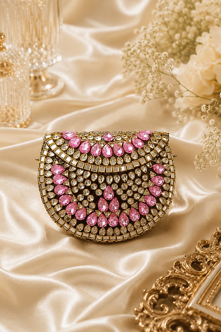 Pink Metal Rhinestone Embellished Clutch by A Clutch Story at Pernia's Pop Up Shop