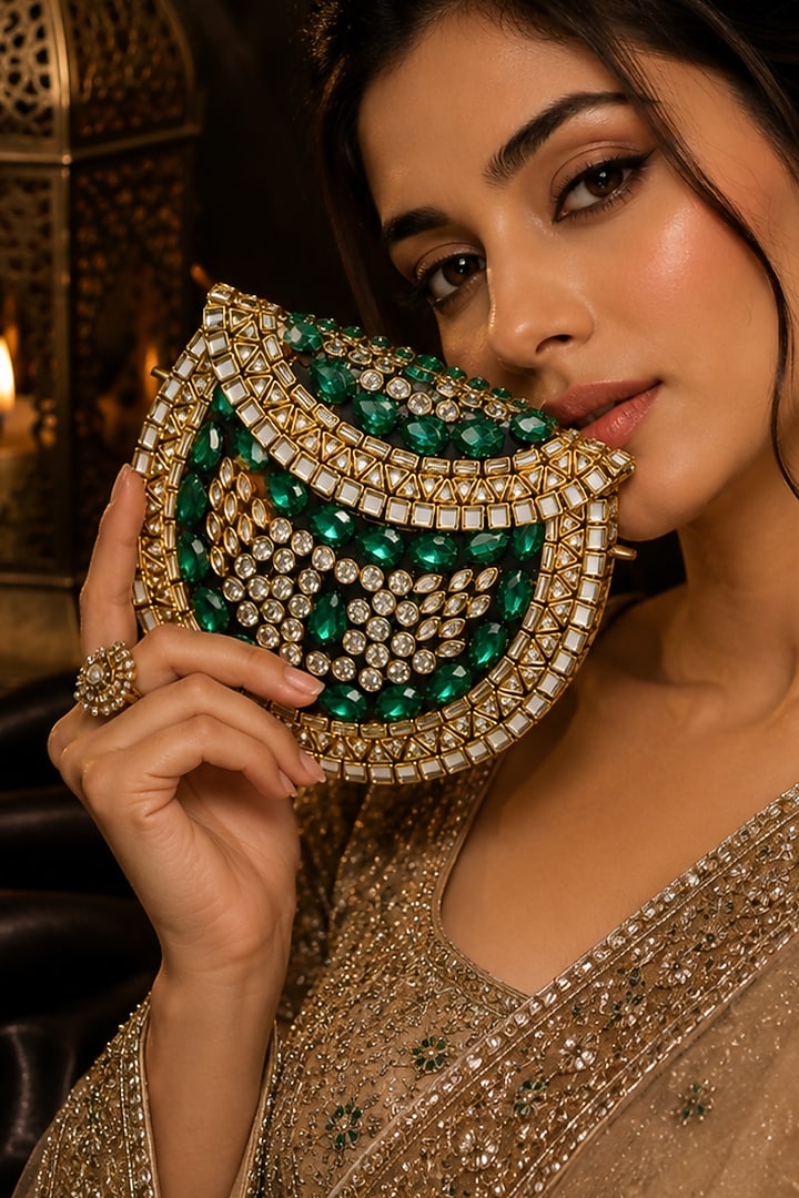 Green Metal Rhinestone Embellished Clutch by A Clutch Story at Pernia's Pop Up Shop