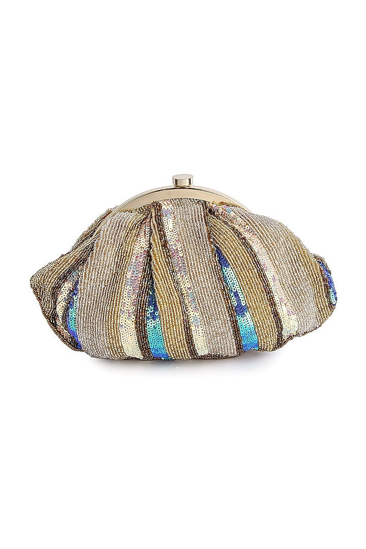 Gold & Blue Hand Embroidered Pouch Clutch by A Clutch Story