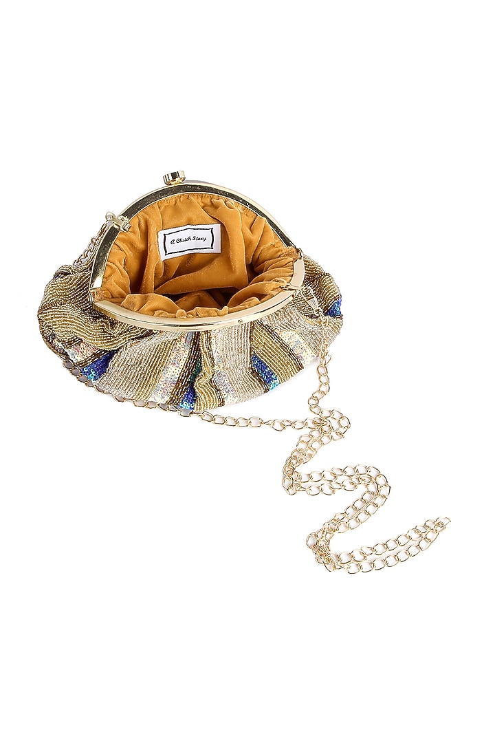 Gold & Blue Hand Embroidered Pouch Clutch by A Clutch Story at Pernia's Pop Up Shop