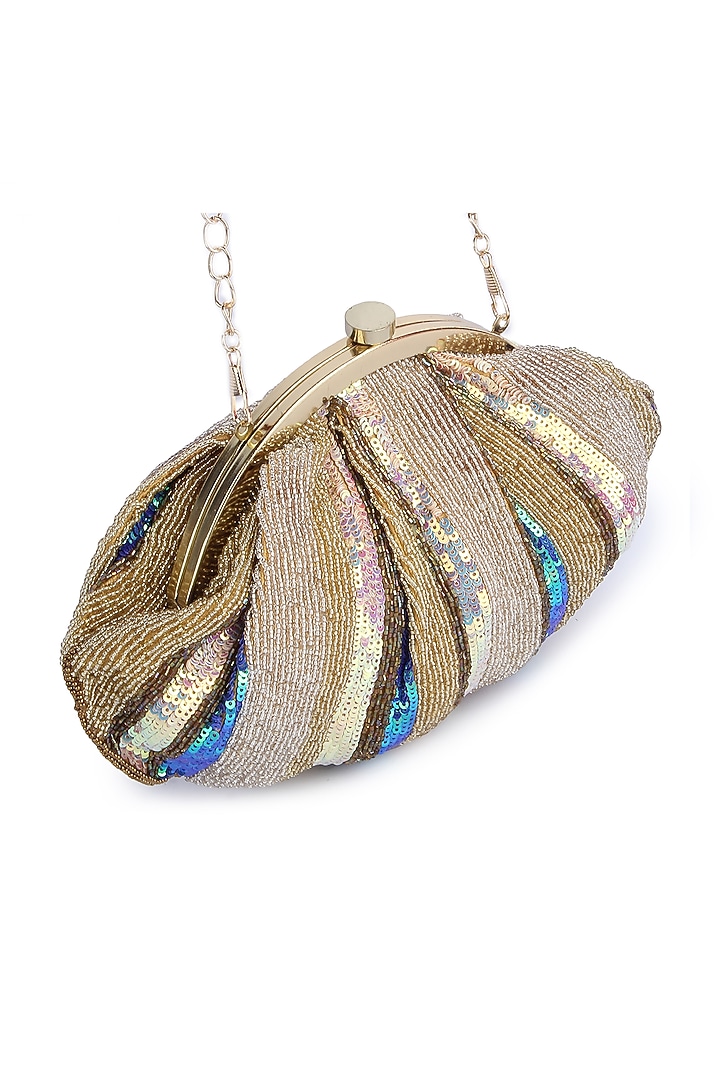 Gold & Blue Hand Embroidered Pouch Clutch by A Clutch Story at Pernia's Pop Up Shop