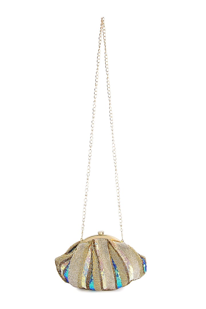Gold & Blue Hand Embroidered Pouch Clutch by A Clutch Story at Pernia's Pop Up Shop