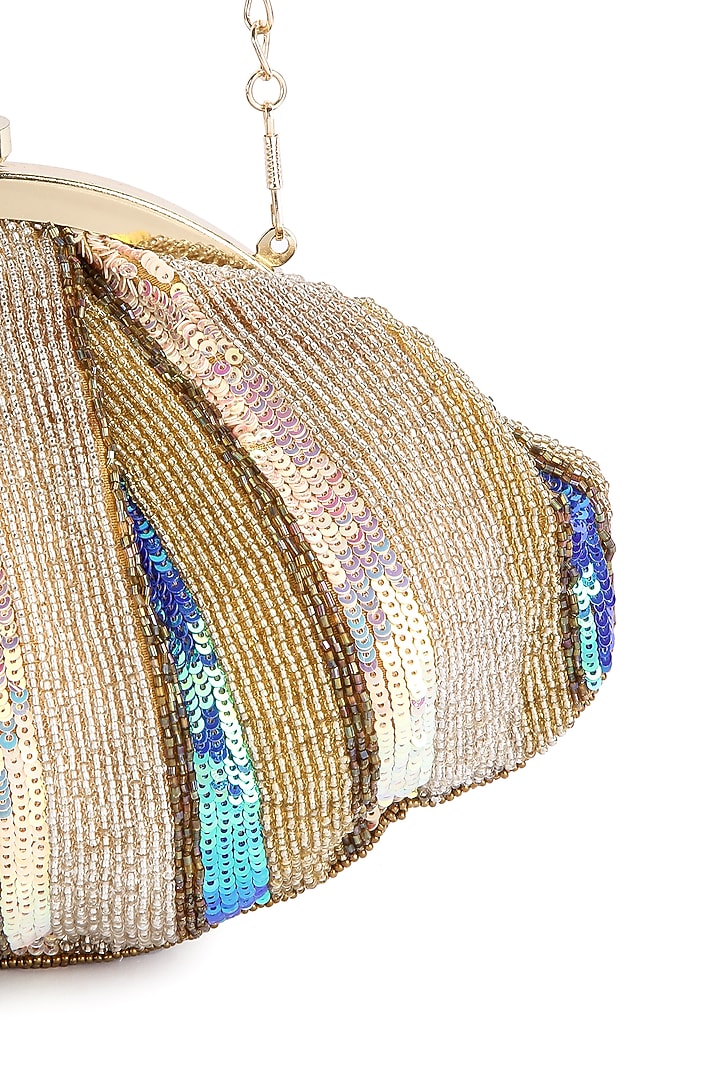 Gold & Blue Hand Embroidered Pouch Clutch by A Clutch Story at Pernia's Pop Up Shop