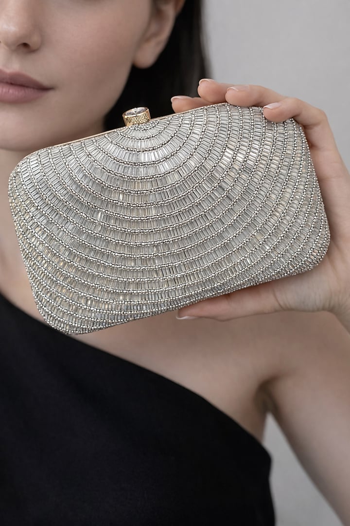 Silver Silk Hand Embroidered Clutch by A Clutch Story at Pernia's Pop Up Shop