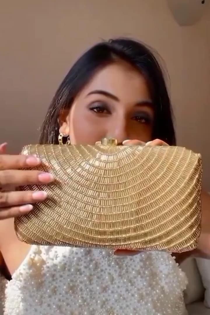 Gold Silk Beads Hand Embroidered Clutch by A Clutch Story at Pernia's Pop Up Shop