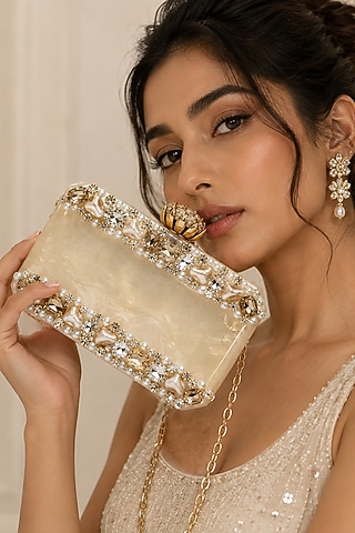 Cream & Gold Resin Pearl Embellished Clutch by A Clutch Story