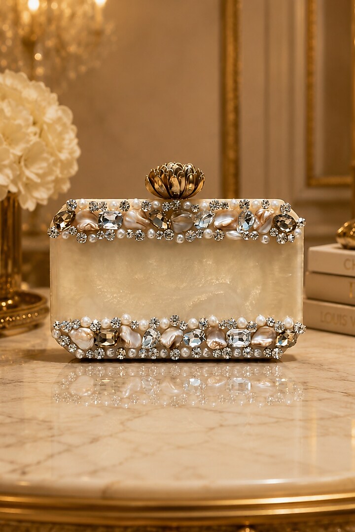 Cream & Gold Resin Pearl Embellished Clutch by A Clutch Story at Pernia's Pop Up Shop