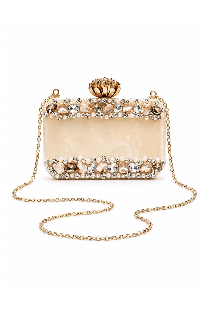 Cream & Gold Resin Pearl Embellished Clutch by A Clutch Story at Pernia's Pop Up Shop
