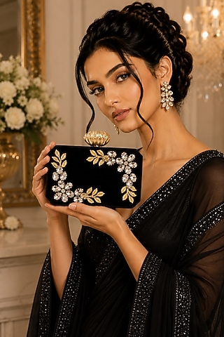 Black Resin Floral Embellished Clutch by A Clutch Story
