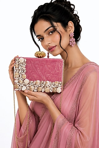Pink Resin Floral & Pearl Embellished Clutch by A Clutch Story