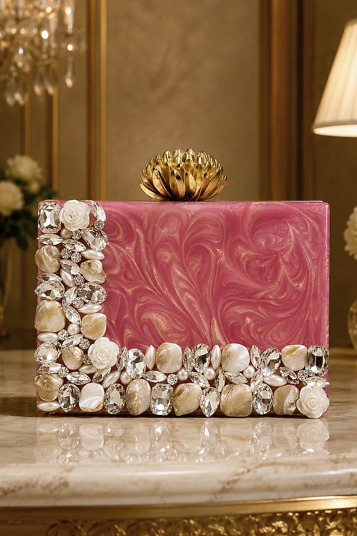 Pink Resin Floral & Pearl Embellished Clutch by A Clutch Story at Pernia's Pop Up Shop