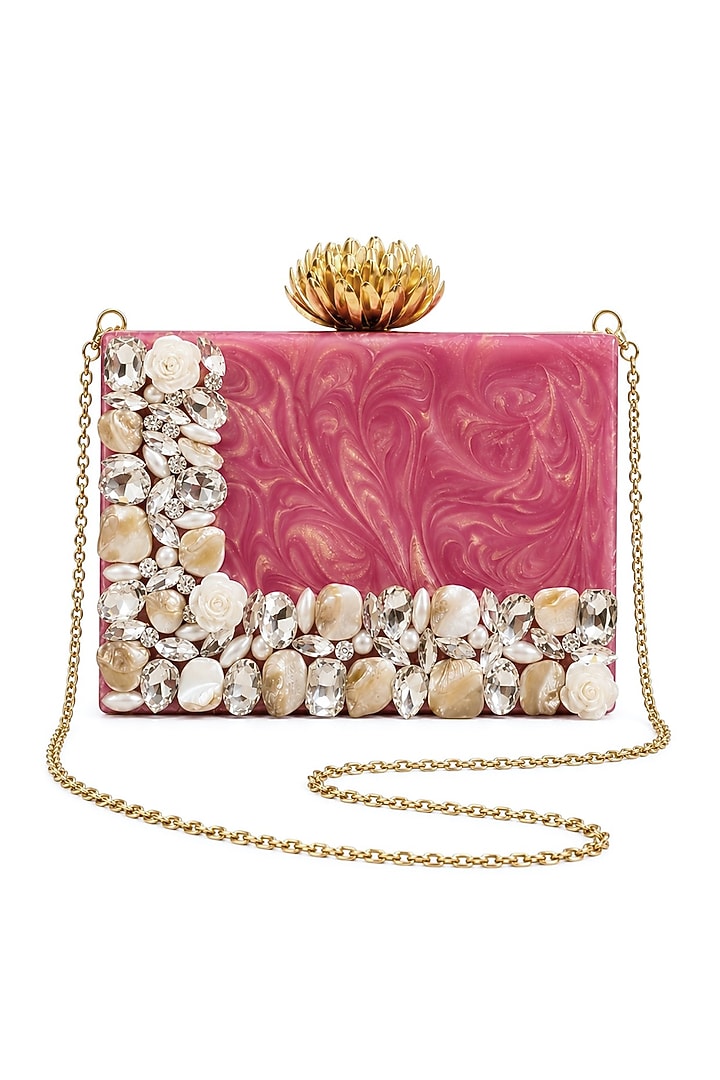 Pink Resin Floral & Pearl Embellished Clutch by A Clutch Story at Pernia's Pop Up Shop