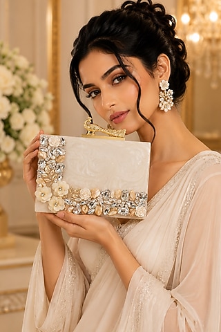 Ivory Resin Floral & Pearl Embellished Clutch by A Clutch Story