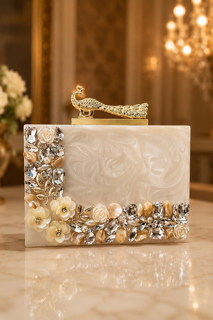 Ivory Resin Floral & Pearl Embellished Clutch by A Clutch Story at Pernia's Pop Up Shop