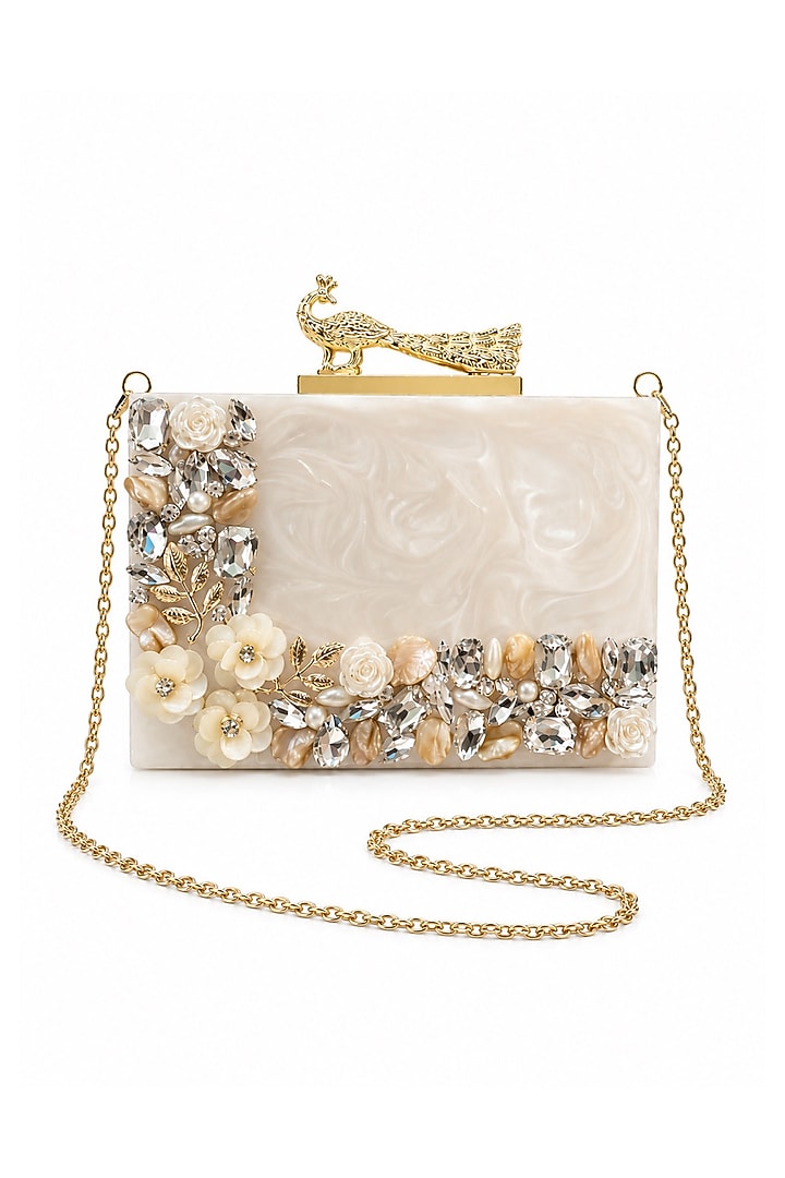 Ivory Resin Floral & Pearl Embellished Clutch by A Clutch Story at Pernia's Pop Up Shop