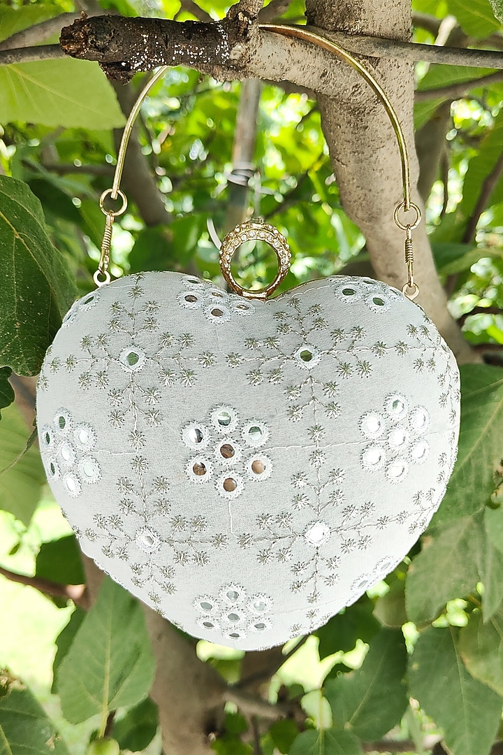 Ivory Georgette Mirror & Sequins Embroidered Heart Clutch by A Clutch Story at Pernia's Pop Up Shop