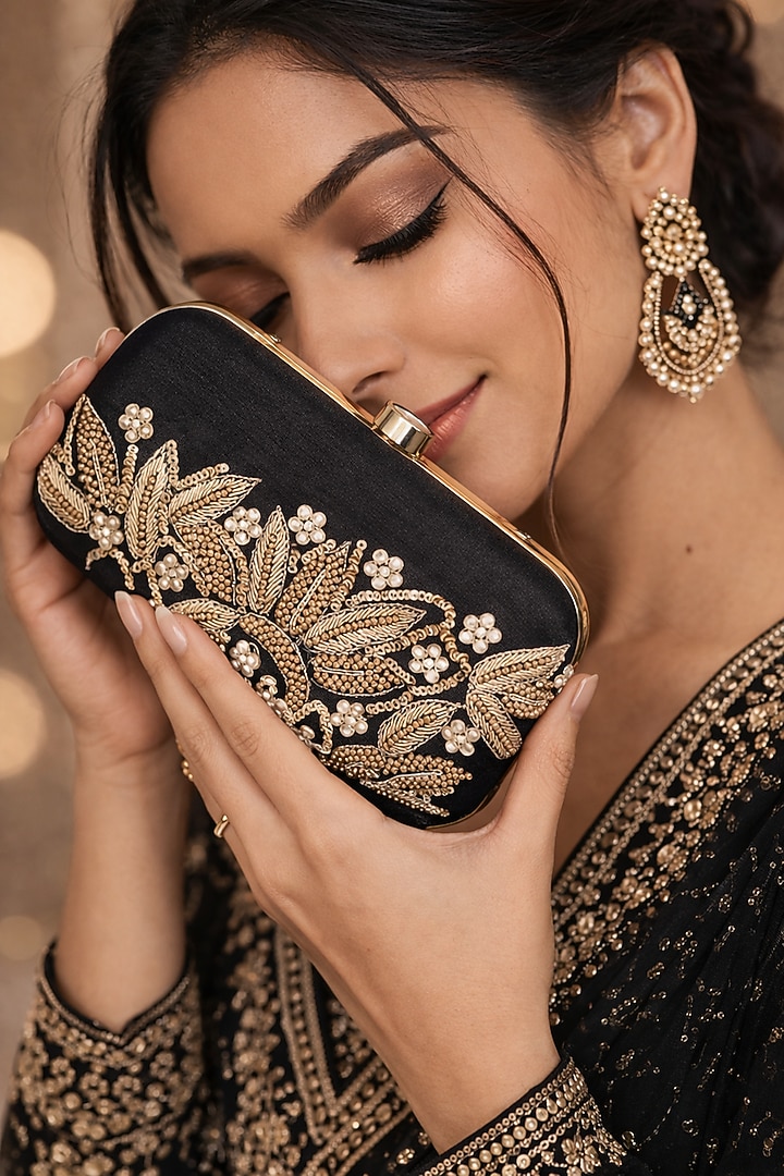 Black Silk Zardosi Dabka Hand Embroidered Clutch by A Clutch Story at Pernia's Pop Up Shop