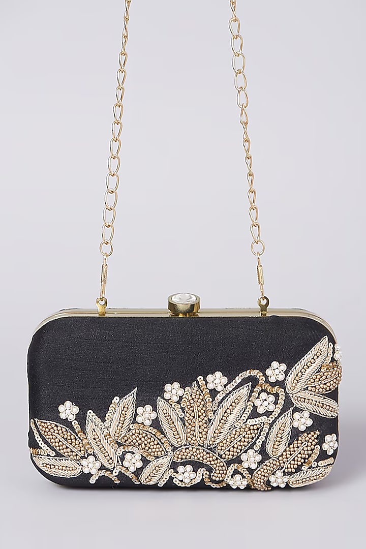 Black Silk Zardosi Dabka Hand Embroidered Clutch by A Clutch Story at Pernia's Pop Up Shop