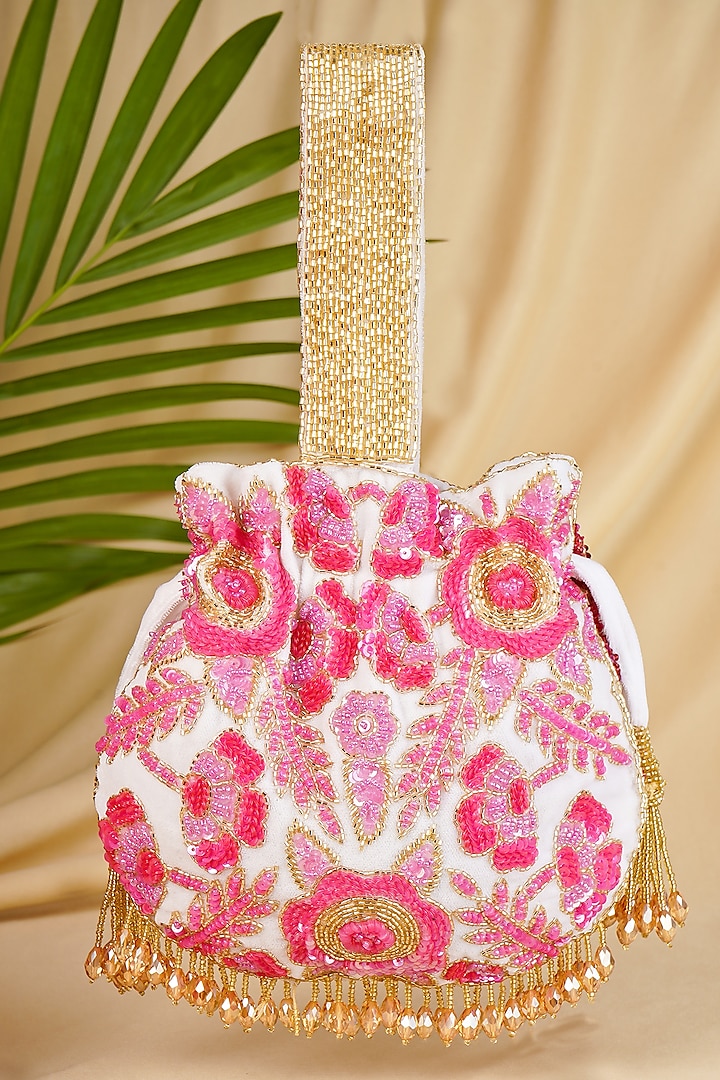 Pink & Red Velvet Floral Hand Embroidered Potli by A Clutch Story at Pernia's Pop Up Shop