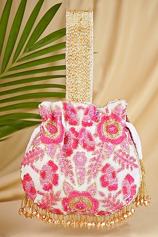 Pink & Red Velvet Floral Hand Embroidered Potli by A Clutch Story