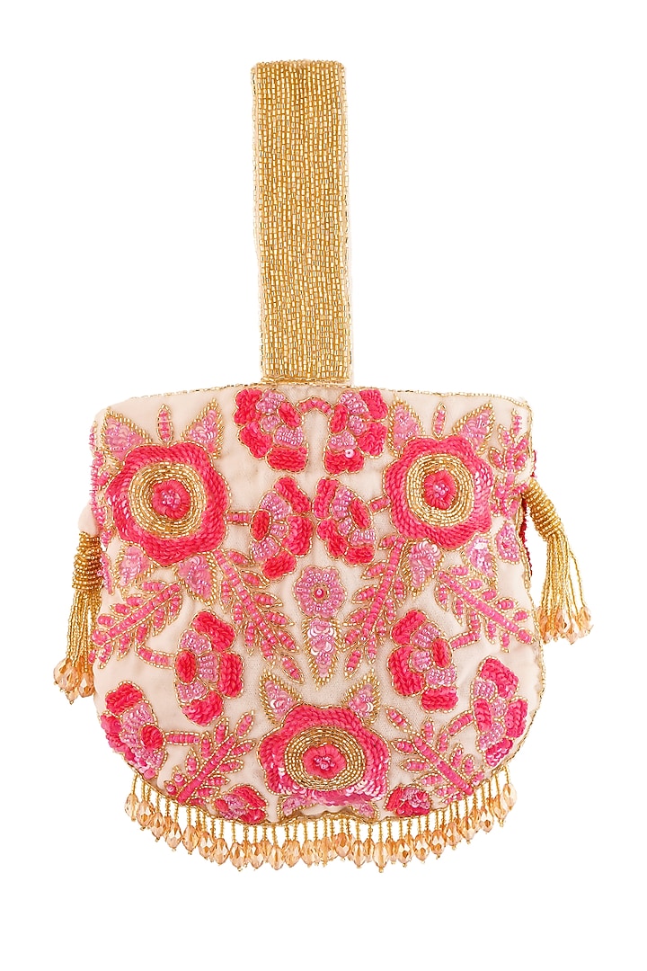 Pink & Red Velvet Floral Hand Embroidered Potli by A Clutch Story at Pernia's Pop Up Shop