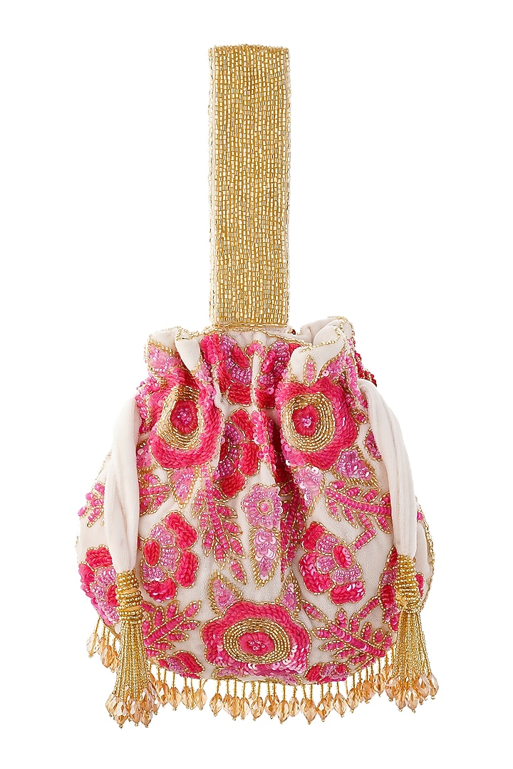 Pink & Red Velvet Floral Hand Embroidered Potli by A Clutch Story at Pernia's Pop Up Shop